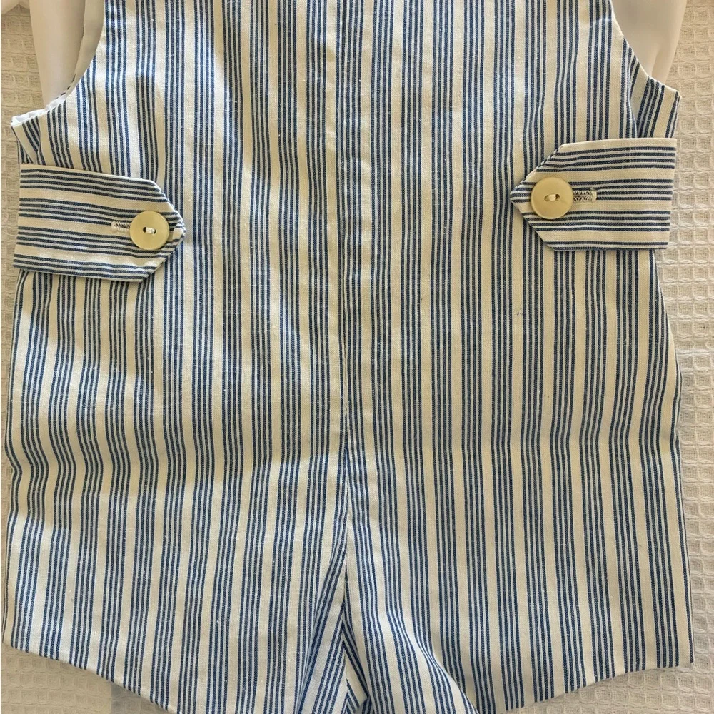 SYLVIA WHITE Blue and White Striped Diaper Cover with Floral Embroidery
